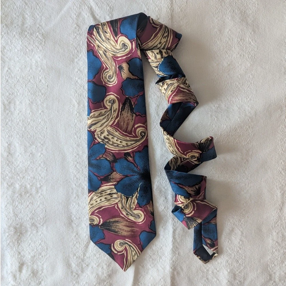 Vtg 90s Oscar de la Renta Mens Necktie Burgundy Blue Abstract Silk Designer‎ USA
